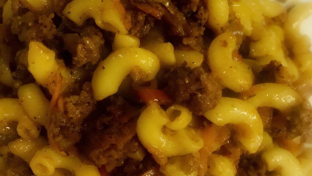 Makaroni Po Flotski · Navy style. Macaroni with ground beef, sauteed vegetables in homemade pasta.