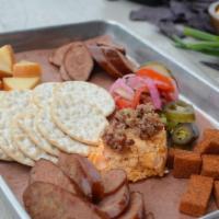 Sausage & Cheese Plate(Full) · Smoked Gouda, rub dusted Cheddar, Pimento cheese and Bacon jam, daily selection and traditio...