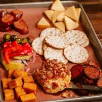 Sausage & Cheese Plate(Half) · Smoked Gouda, rub dusted Cheddar, Pimento cheese and Bacon jam, daily selection and traditio...