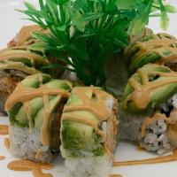 Green Monster Roll · 8 pieces. Shrimp tempura, cucumber and lobster salad, topped with avocado and spicy mayo.