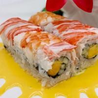 Sunshine Roll · Eight pieces. Tamago and cucumber topped with crab, shrimp, tempura flakes and honey glaze.