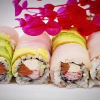 Philly Deluxe Roll · 8 pieces. Raw. Smoked salmon, cheese, crab and cucumber, white fish, avocado, spicy mayo and...