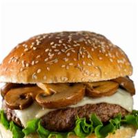 Mushroom Swiss Burger · Half pound sirloin beef burger layered in grilled mushrooms, onions and cheese.