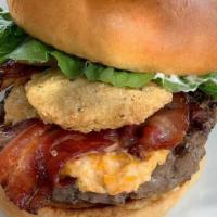 Local Burger · 6 ounces of beef with house-made pimento cheese, honey cured bacon, fried green tomato, lett...