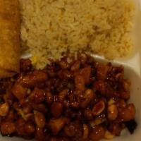 Chicken With Cashew Nuts · Served with rice and egg roll.