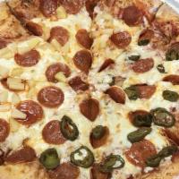 Angelo'S Meat Lovers Pizza · Pepperoni, sausage, beef, ham, bacon and Mozzarella cheese.