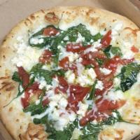 Angelo'S Spinach Pizza · White sauce, spinach, tomatoes, Feta and Mozzarella cheese.