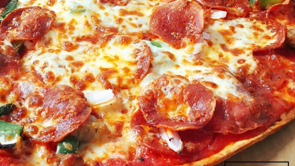 Pepperoni Lovers Pizza · 3 layers of pepperoni between 3 layers of cheese finished with our premium romano cheese.