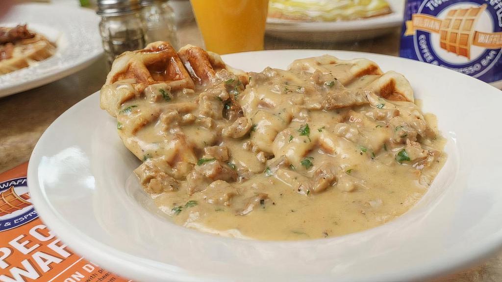 Biscuits & Sausage Gravy · Waffle shaped buttermilk biscuits topped with sausage gravy or sub for turkey sausage