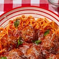 Spaghetti Meatball · Classic Italian spaghetti with marinara sauce served with freshly baked breadsticks, with ma...