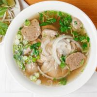 Pho Tai Bo Vien · Sliced eye round beef and beef meatballs. Vietnamese authentic rice noodle soup. Served with...
