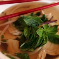 Pho Ga · White meat chicken. Vietnamese authentic rice noodle soup. Served with bean sprouts, basil, ...