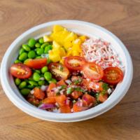Rainbow Salmon · Salmon, edamame, mango, crab salad, red onion, cilantro, ponzu sauce, tomato.