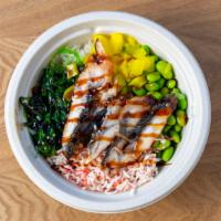 Unagi Bowl · Unagi, crab salad, edamame, seaweed salad, pickled radish, eel sauce.