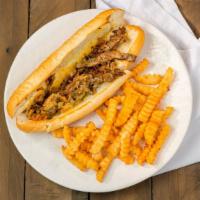 Philly Cheese Steak · Grilled steak and melted cheese served with onions and peppers.