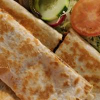 Quesadilla · Cooked flour tortilla that is served with any choice of meat, filled with cheese and folded ...