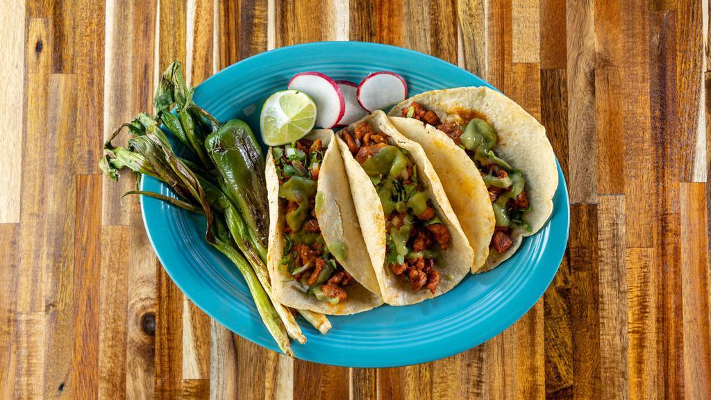 Tacos - Mix & Match · 3 pieces. Mix & Match. Tacos are served on hand made corn tortilla topped with cilantro & onions.