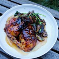 Herb Roasted Chicken Marsala · Fingerling Potatoes, Sauteed Mushrooms, Baby Kale