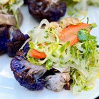 Roasted Cauliflower Steak · Mushroom puree, oyster mushroom conserva, fennel-brussels slaw