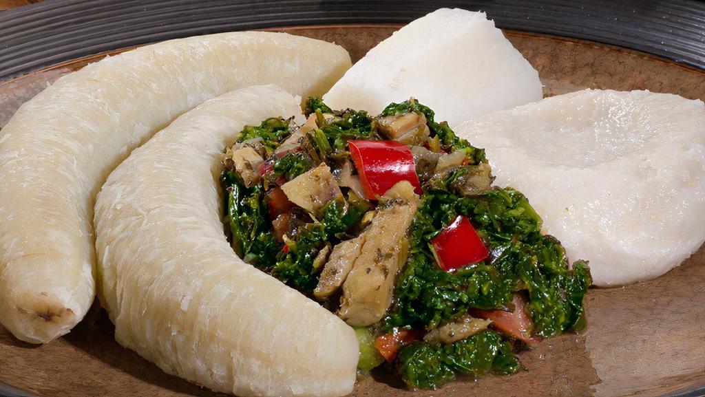 Callaloo And Saltfish (Small) · Jamaican callaloo is a popular local green leafy vegetable, cooked with onion, garlic, tomatoes, thyme, and Scotch bonnet pepper — perfect healthy side dish for a tropical breakfast, lunch or dinner.