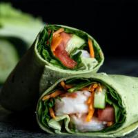 Bang Bang Shrimp Wrap · Served cold. Shrimp, carrots, spinach, tomato, cucumber and CE Sweet Chili sauce in a tomato...