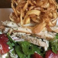 Spring Chicken Salad · Spring mix, grilled chicken, baby spinach, purple onions, tomatoes, mandarin oranges, avocad...