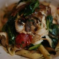 Chicken Primavera Dinner · Grilled chicken, tomatoes, peppers, onions, baby spinach and portabella mushrooms served on ...