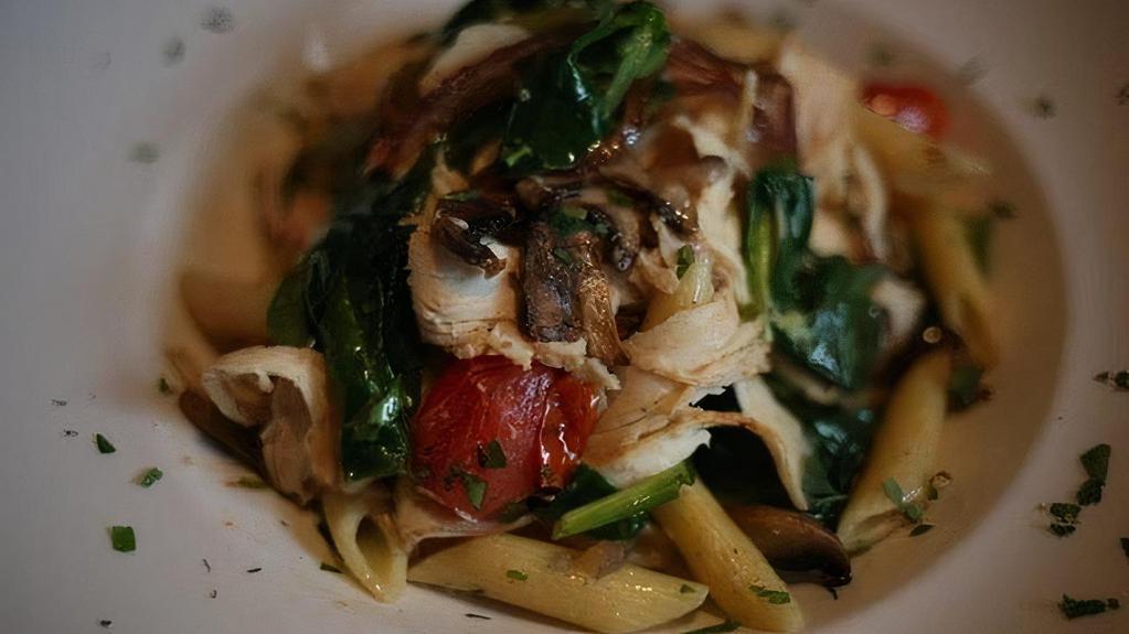 Chicken Primavera Dinner · Grilled chicken, tomatoes, peppers, onions, baby spinach and portabella mushrooms served on penne with olive oil.