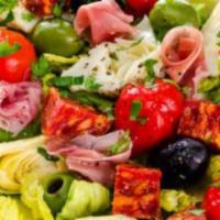 Antipasta Salad · Romaine and iceberg lettuce mixed together then topped with ham, pepperoni, genoa salami, pr...