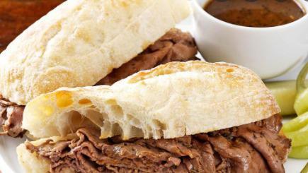 Roast Beef Dip · We begin this sandwich with a hoagie bun (white or wheat), then pile it high with roast beef that has been cooked in au jus. Then we melt Provolone cheese over it. Served with a side of au jus, and a choice of chips or pasta salad.
