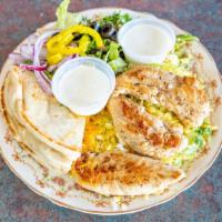 Chicken · Low calories marinated grilled chicken tender over rice, choice of salad (Greek, tabouli, mi...