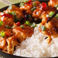 General Chicken · Sweet and spicy deep-fried chunks of  chicken, served with white rice.