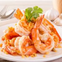 Garlic Shrimp · Spicy garlic shrimp served with white rice.
