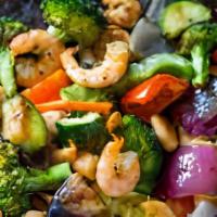 Shrimp With Mixed Vegetables · Plump shrimp and vegetables served  with white rice.