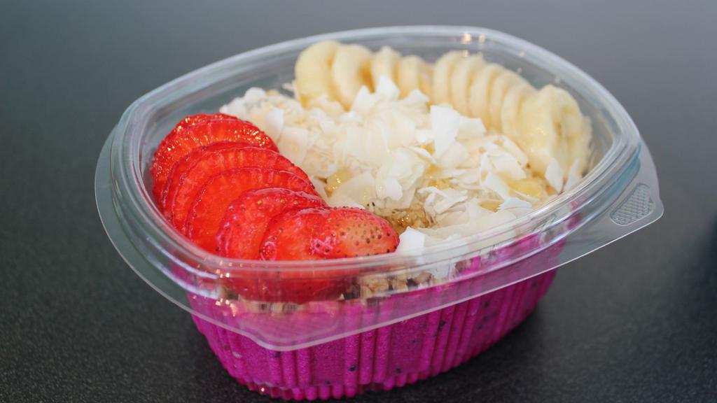 Pitaya Paradise · Pitaya blended with strawberries and bananas and almond milk. Topped with granola, bananas, strawberries, and coconut chips.

Calories: 440 | Sugars: 23g w/out honey.