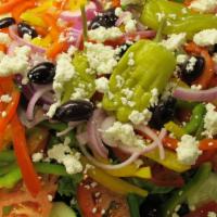 Greek Salad · Vegetarian. Gluten-Free. Romaine lettuce, red onions, tomato, cucumber, peppers, kalamata ol...