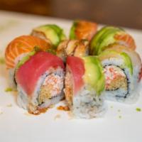 Virginia Beach Roll · Crabmeat salad, crunch inside tuna, salmon, eel, red snapper, avocado, and tobiko on top wit...