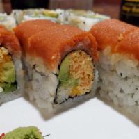 Spicy City Roll · Red spicy. Raw. Spicy crabmeat, avocado, and crunch inside spicy tuna on top. Spicy.