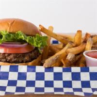 The Classic Burger · Served with lettuce, tomato, onion, mayo and your choice of one side.