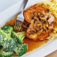Garden Chicken · Seared chicken, sautéed mushrooms, squash noodles, steamed broccoli, lemon butter sauce