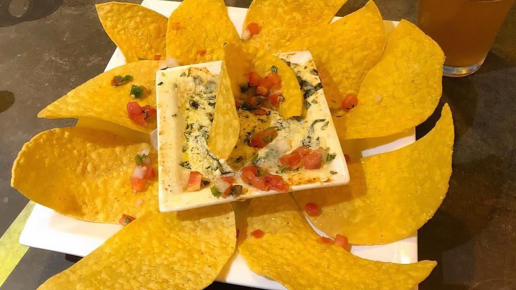 Spinach Dip · Gluten free. Creamy hot spinach dip topped with pico de gallo and served with house made tortilla chips.