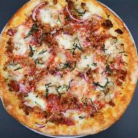 Nonna · Pomodoro sauce, Italian sausage, prosciutto, red onions, fresh mozzarella and Asiago cheese,...