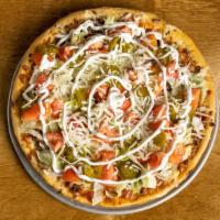 Taco Pizza 11” · Salsa base, baked with seasoned fresh ground beef and onions and topped with chopped lettuce...