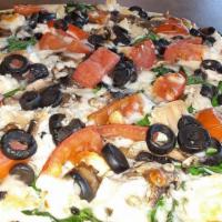 Veggie Delight 11” · Fresh zucchini, fresh mushrooms, green bell peppers, red onions, black olives, and tomatoes.