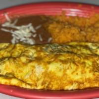 Fajita Omelet · Three eggs filled with grilled onions and peppers, cheese and option of grilled chicken stea...