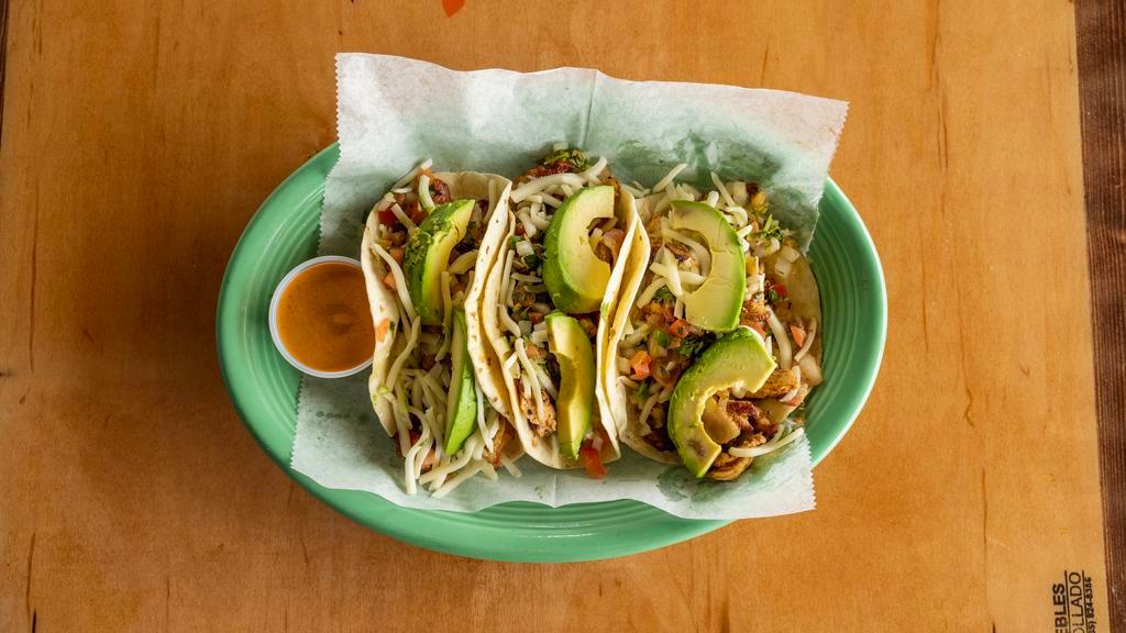 Club Tacos · Three flour tortillas filled with grill chicken, steak or shrimp with bacon, pico de gallo, shredded cheese and avocado.