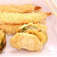 Shrimp Tempura · Seven pieces of shrimp tempura served with assorted vegetable tempura - served with tempura ...