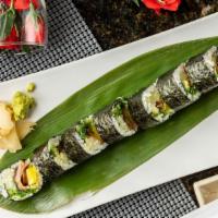 Futomaki Roll (8 Pcs.) · Gluten-free. Avocado, cucumber, asparagus, oshinko, mushrooms, tamago.