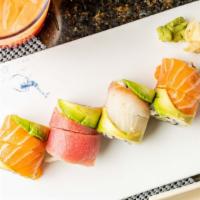 Rainbow Roll · Raw. California roll topped with tuna, salmon, whitefish, and avocado.