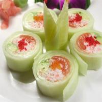 Moon Light Roll · Raw. Salmon, tuna, avocado, crab stick wrapped in cucumber with vinegar sauce (no rice).